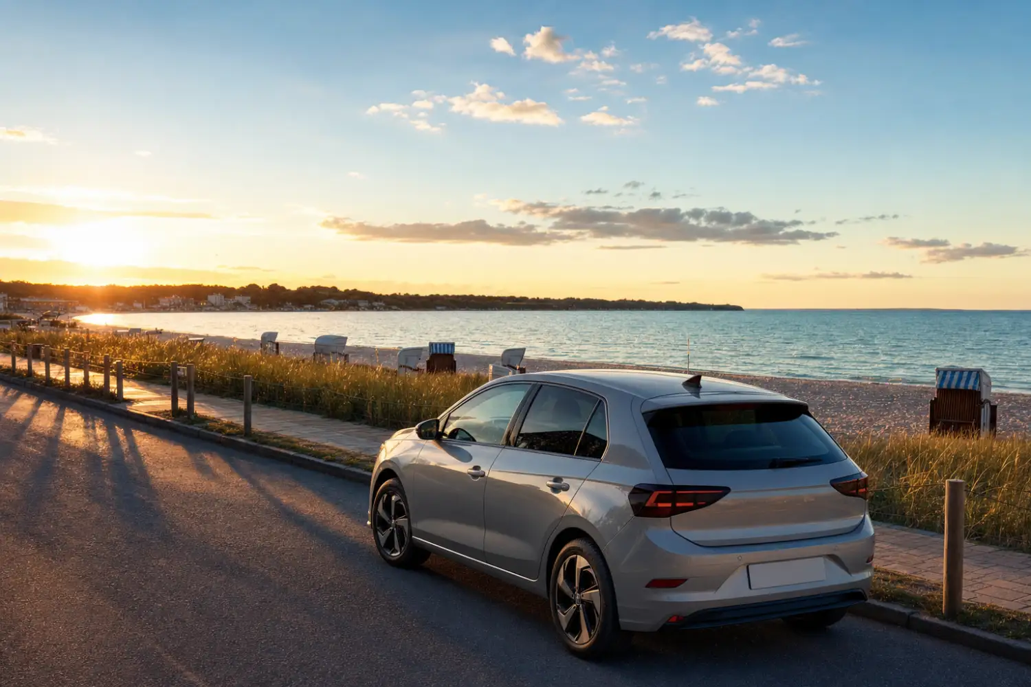 Sonnenuntergang an der Lübecker Bucht bei Scharbeutz mit Strandkörben und einem Auto auf der Küstenstraße, das Strandbad-Motiv der Fahrschule Mahner